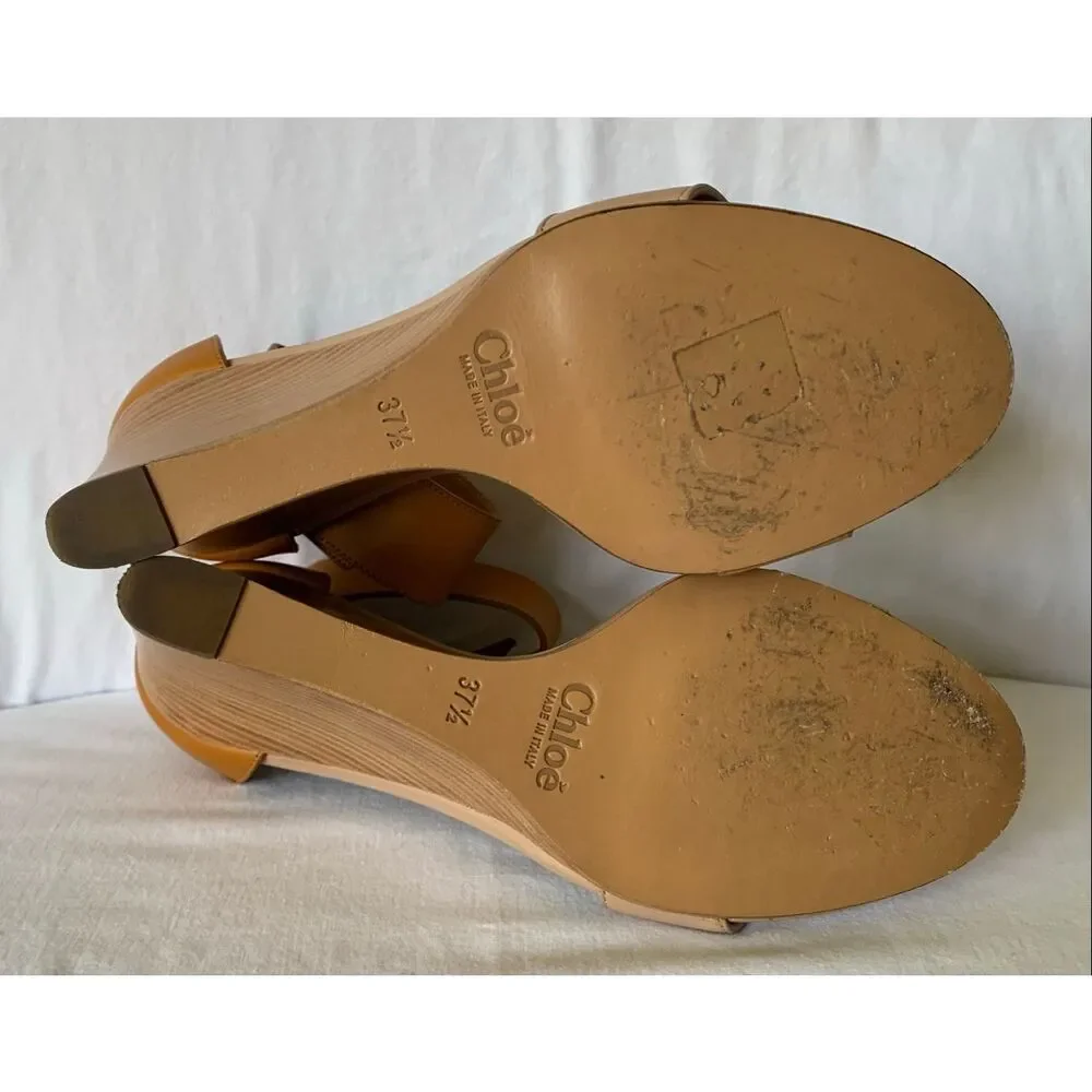 Chloe Gala tan Strappy Ankle Wedge Leather SANDALS Shoes sz 37.5